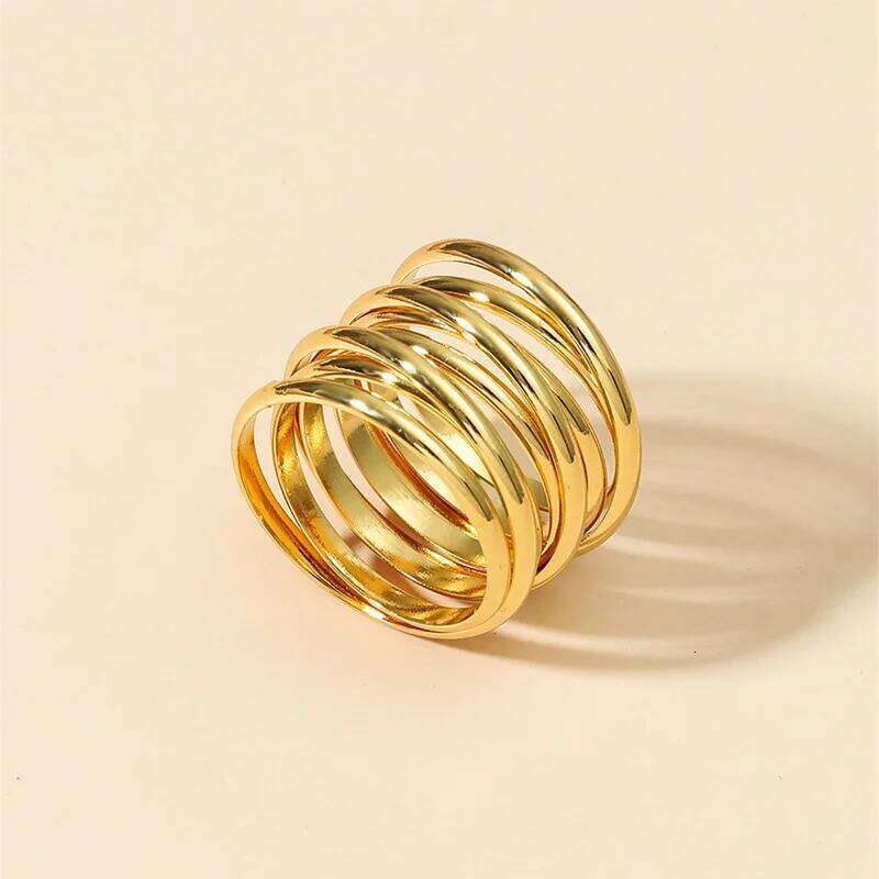 Foxanry Non-fading Gold Color Engagement Rings for Women Couples New Fashion Simple Multilayer Geometric Birthday Party Jewelry H260312