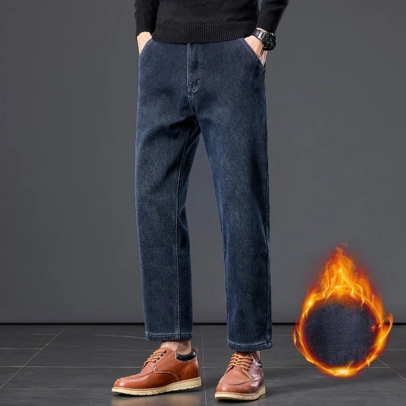Winter Fleece Thickened Warm Mens Jeans Retro Blue Velvet Straight Leg Length Ninepoint Denim Trousers Lined Wool Pants 260228