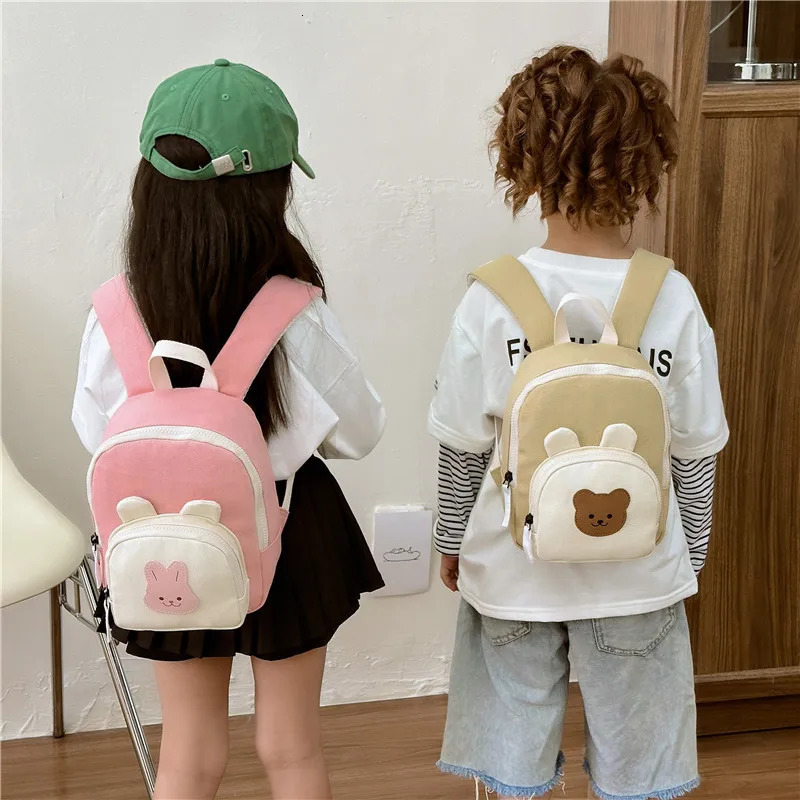 Korean Canvas Kids Backpack Kawaii Childrens Handbags for Girl Kindergarten Boy Schoolbag Cartoon Bear Bunny Toddler Bag 260311
