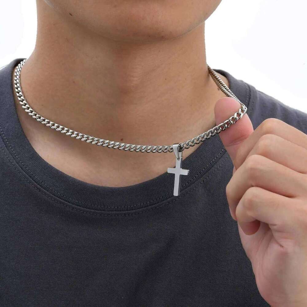 High Quality Cross Necklace for Men Boys,Stainless Steel Pendant with 5MM Cuban Chan,Classic Simple Jewelry Gift H260311