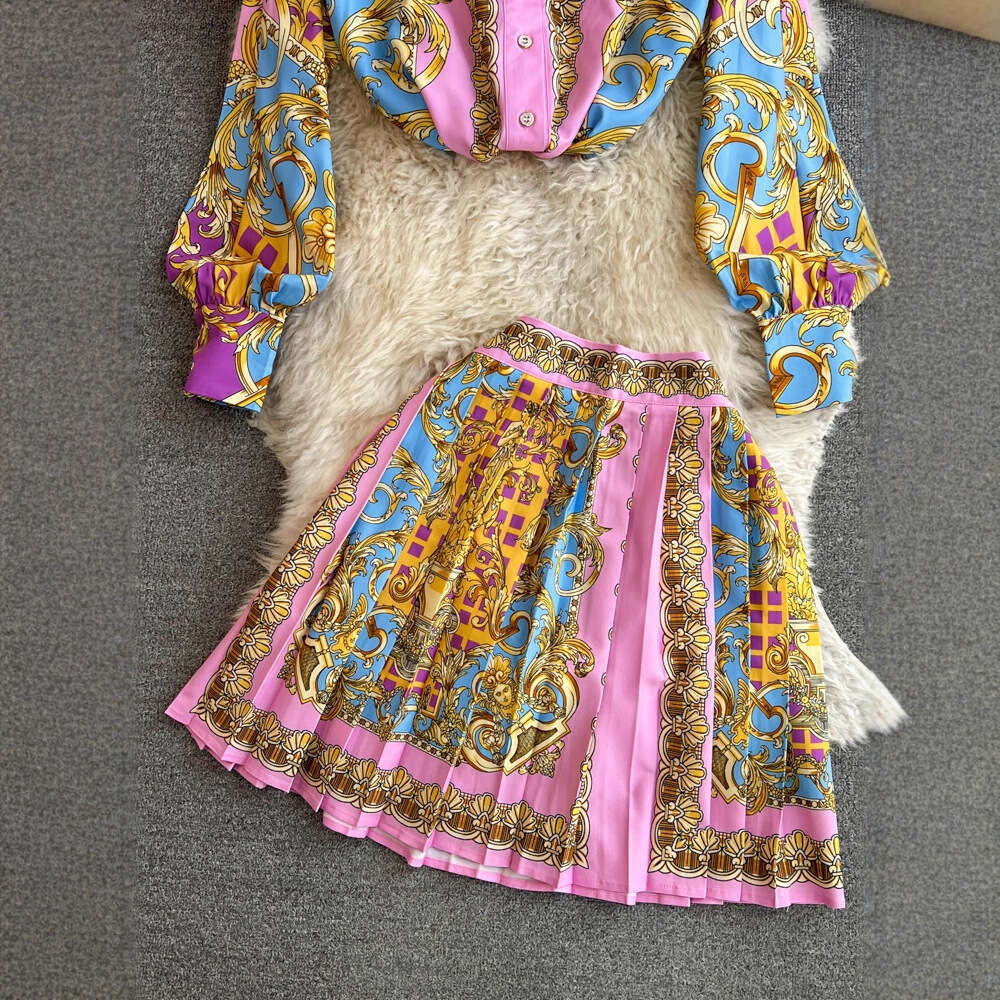 Women's Fashion Set Korean Elegant Long Sleeve Collar Single A12 breasted Printed Shirt Two Piece Set High Waist Skirt