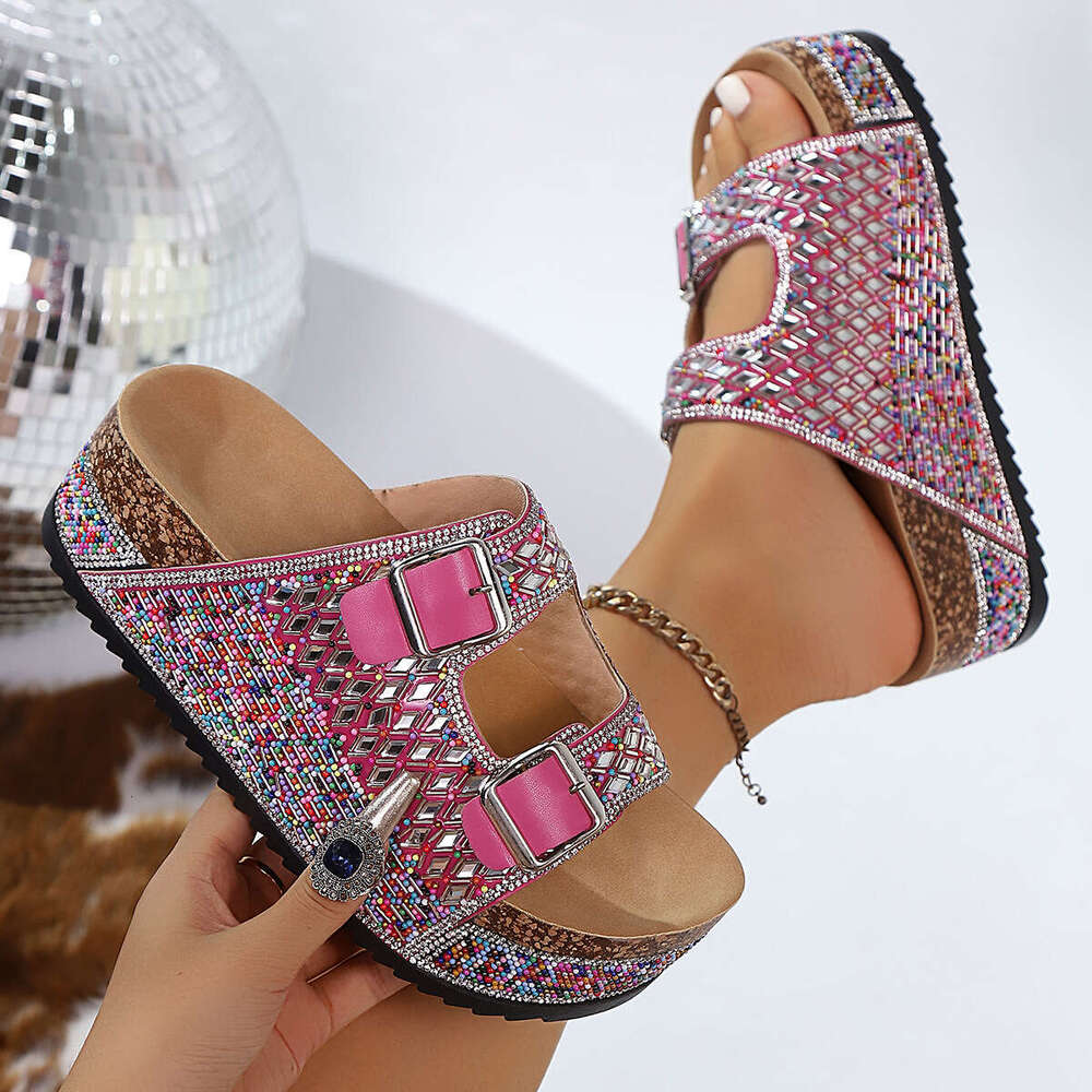 Summer New Rhinestone Beach Sandals for Women 2026, Large Size Double Buckle Cork Thick Sole Slide Sandals