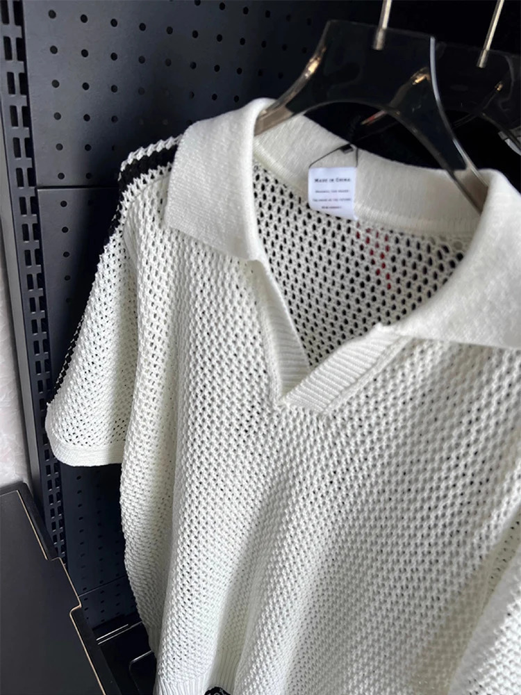 Vintage Hollow Out Knitted Polo Shirt Mens Fashion Striped Short Sleeve Lapel Mesh Tops Men Summer Casual Knitting Jumper 260311