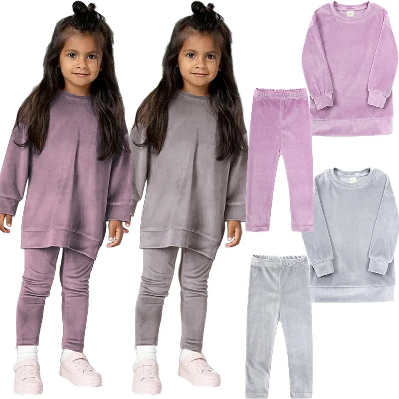 Autumn Winter Children Set Clothes Solid Velvet Kids Girls Clothing Sets Long Sleeve Fashion Home Wear Suit Baby Girl Casualwear 260311