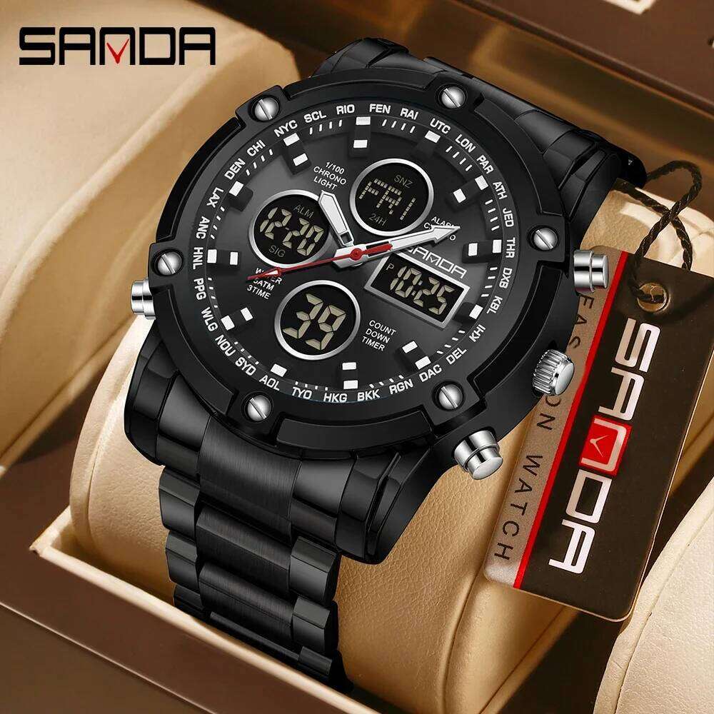 SANDA 3394 Waterproof Shock Resistant Outdoor Sports Chronograph Wristwatch New Design For Men Stainless Steel Strap Alarm Mode