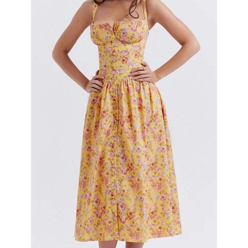 2026 Summer Camisole Dress with Front Buttons, Back Tie, Waist-Cinching, Lace Trim Above the Bust, European and American Cross-Border Supply
