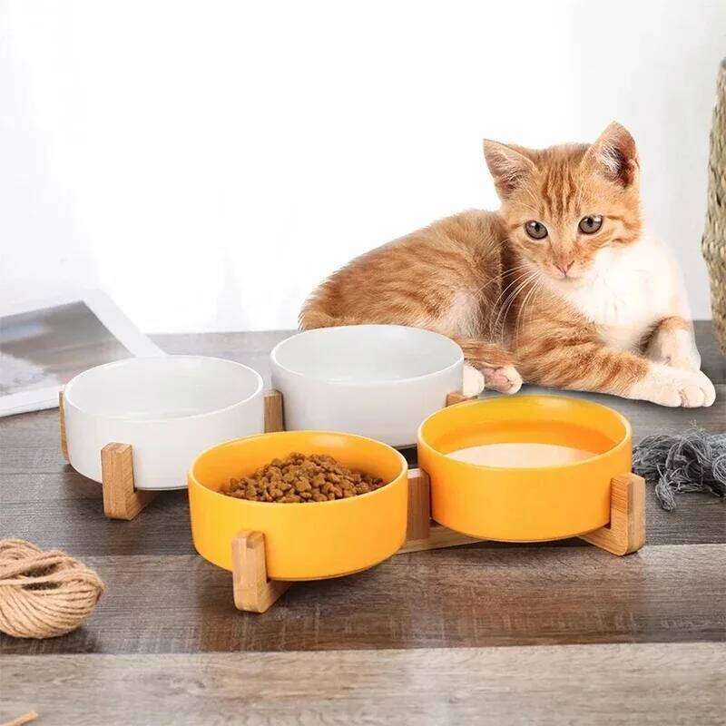 Dish With Wood Stand No Spill Ceramic Double Bowl For Dog Cat Food Water Feeder Cats Small Dogs Pet bowl 26Y0312