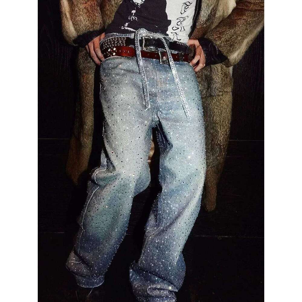 Full Rhinestone Print Washed Blue Baggy Jeans Mens and Women Ropa Hombre Streetwear Solid Casual Denim Trousers Loose Cargos 26Y0312