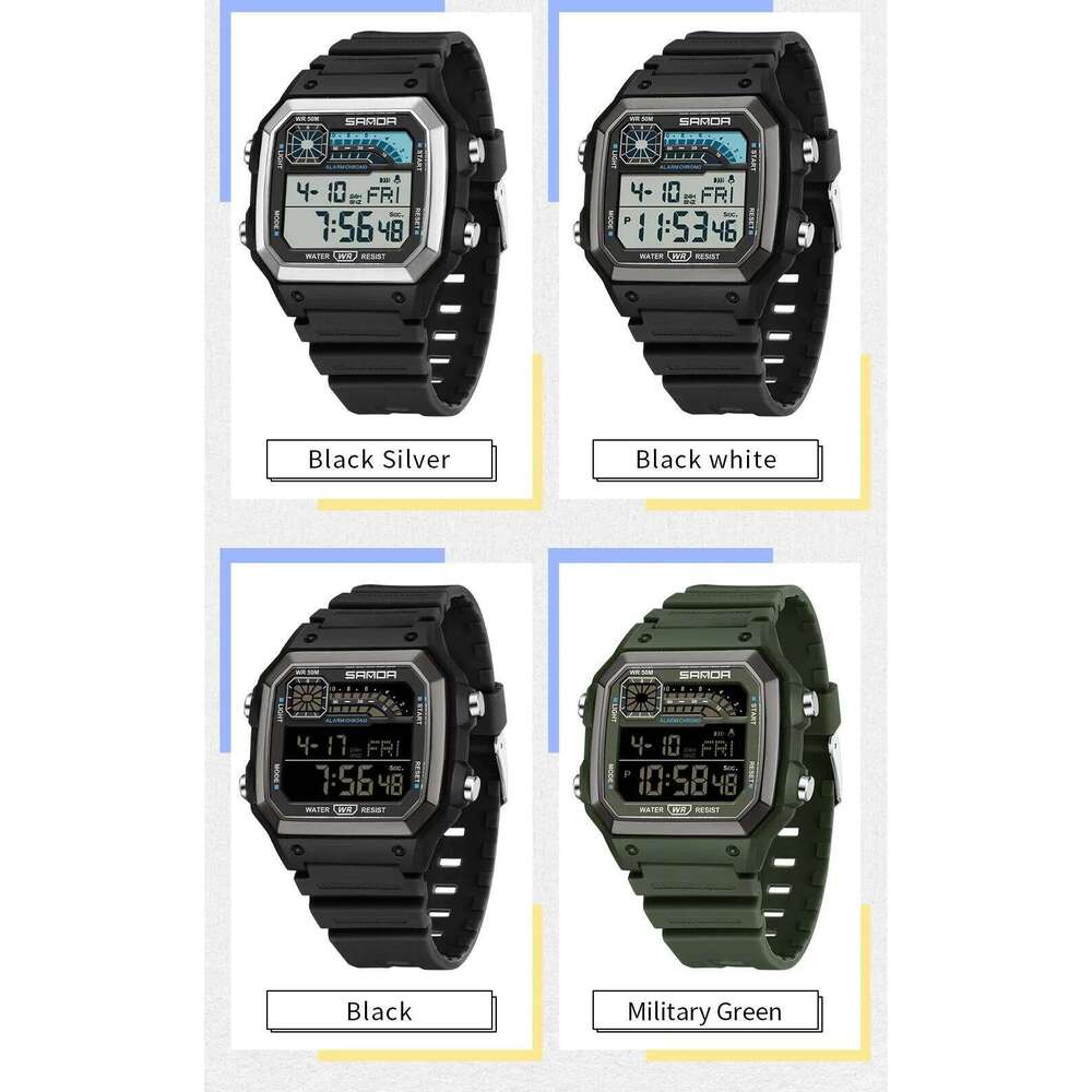 SANDA 6196 Men Electronic Watches Round Square Fashion Luminous Stainless Steel Strap Arabic Tidal Worship Male Wrist Watch