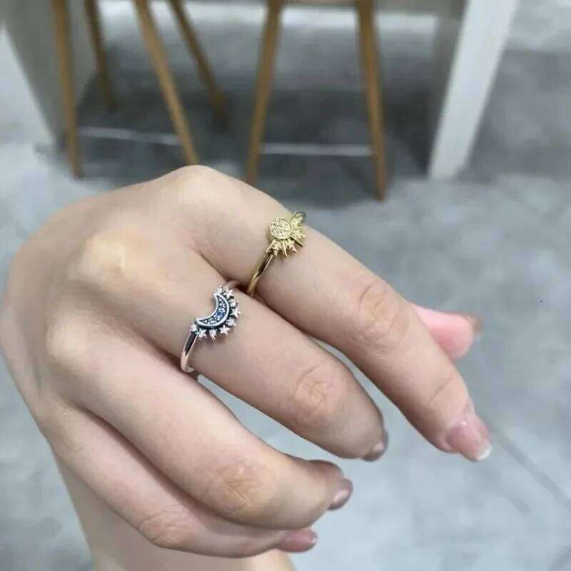 2PCS Set Gold Sun Blue Sparkling Moon Men Women Star Couple Silver Color Rhinestone Engage Ring For Love W260311