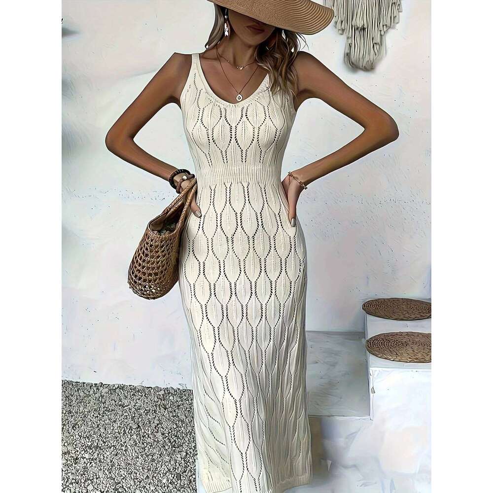 Knitted mix sleeveless long coat-style sweater dress semi-sheer and unlined C260312
