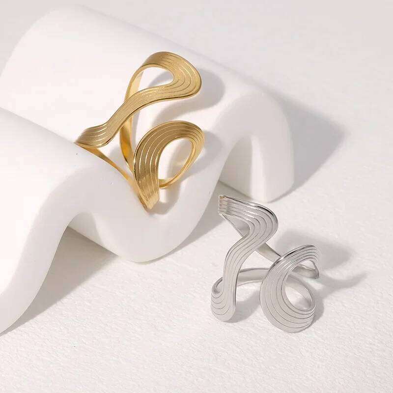 Stainless Steel Irregular Wave Rings for Women Men Creative Gold Color Adjustable Opening Ring Female Statement Jewelry Gifts H260312