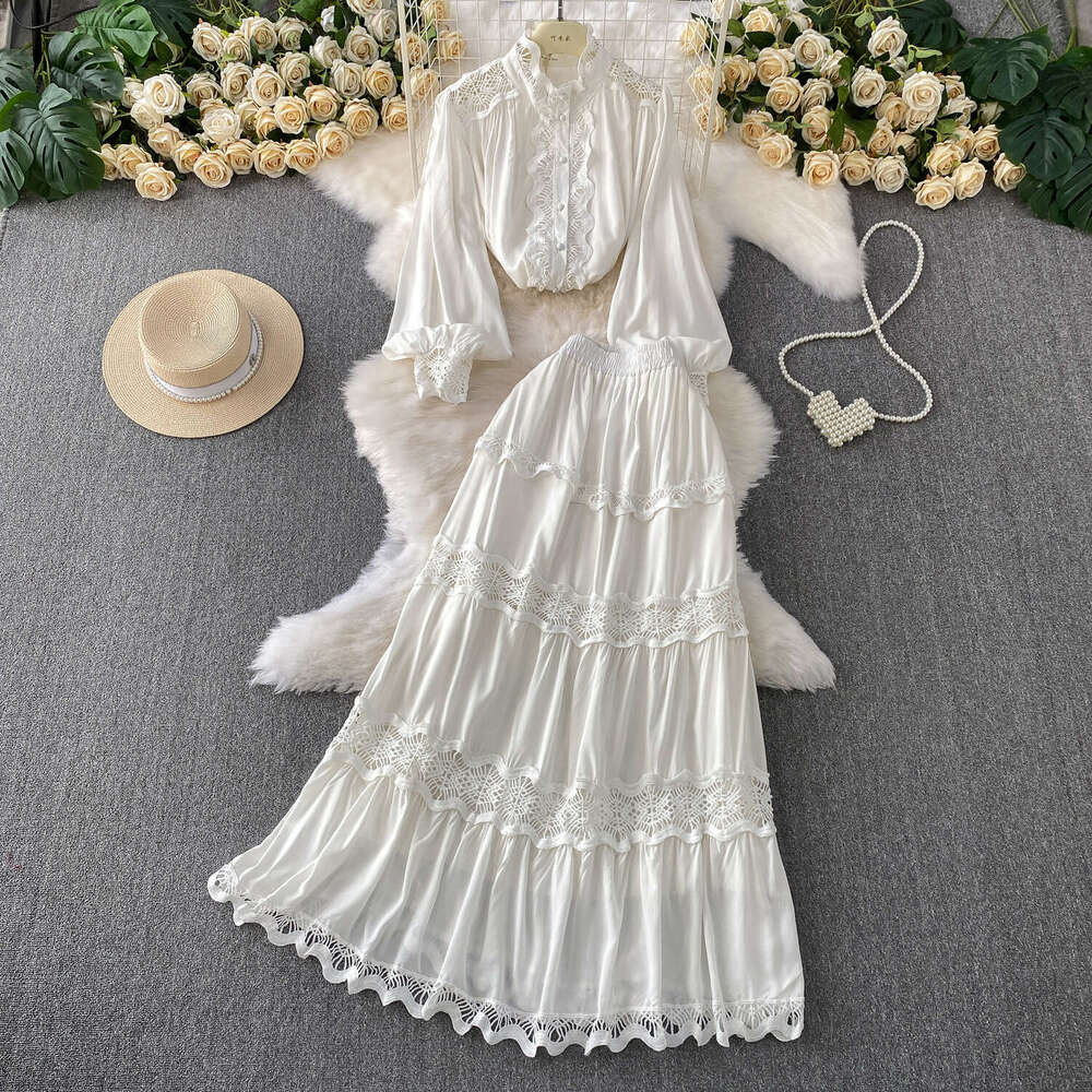 2026 soft style blue thick lace patchwork stand up collar lantern sleeve a23 shirt two-piece set high waist slimming cake skirt