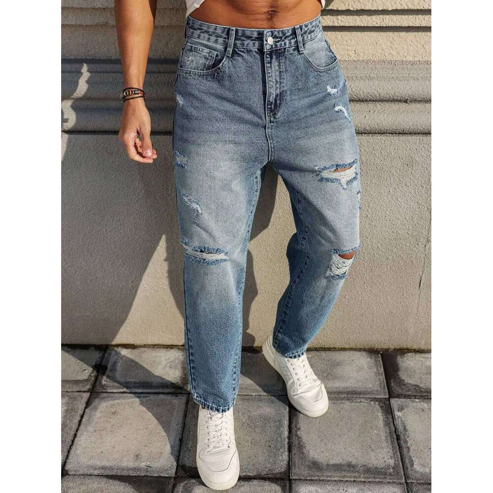 Men's blue ripped jeans, retro distressed beggar pants, street trend loose harem pants