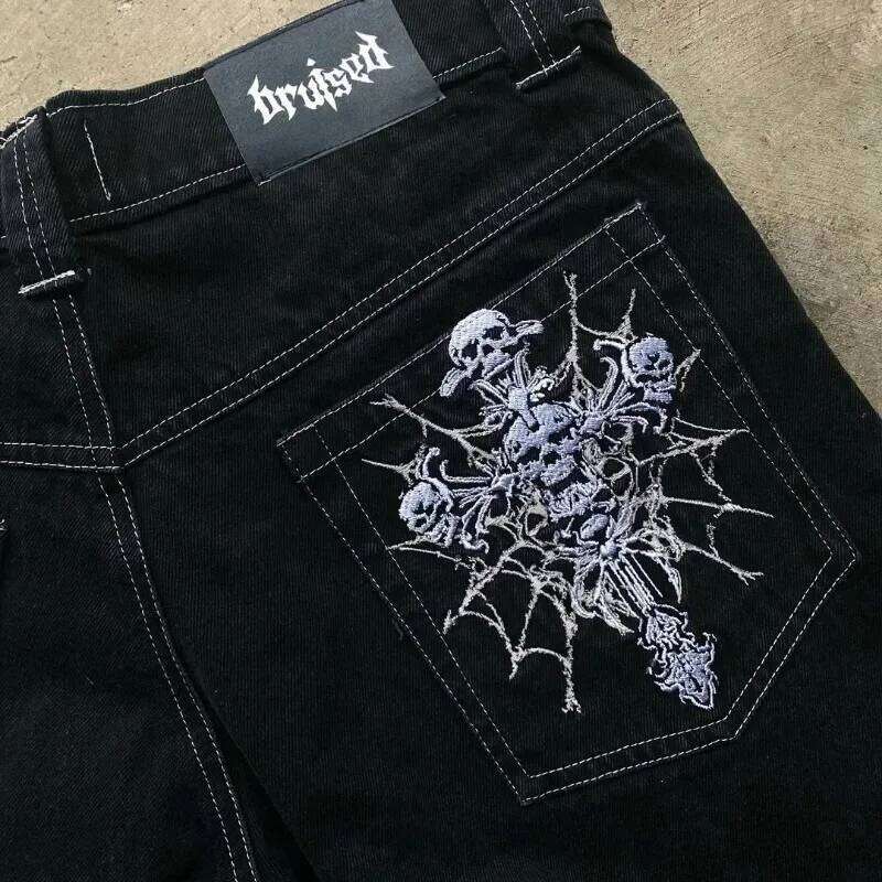American Gothic Rock Skeleton Bone Letter Pattern Oversized Jeans Men's Y2K Street Hip Hop Harajuku Loose Wide Leg Work Pants 26Y0312