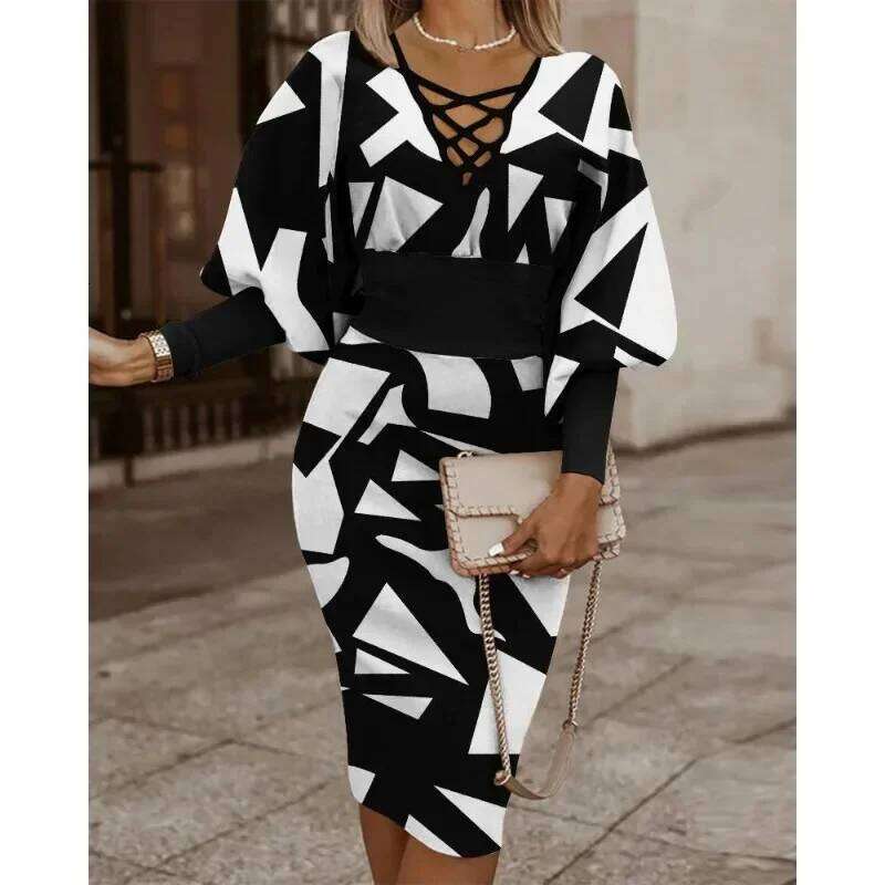 Women's Autumn S-XXL Long Sleeved Fashionable Printed V-Neck Band Waist Pack Hip Commuter Leisure Holiday Elegant Dress C260311
