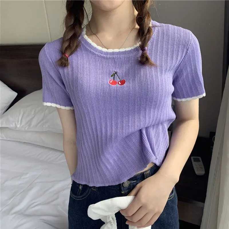 Women Summer Korean Fashion Embroidered Solid Color O-neck Women Clothes All-match Fashionable Slim Appear Thin Short Sleeve TopT260312
