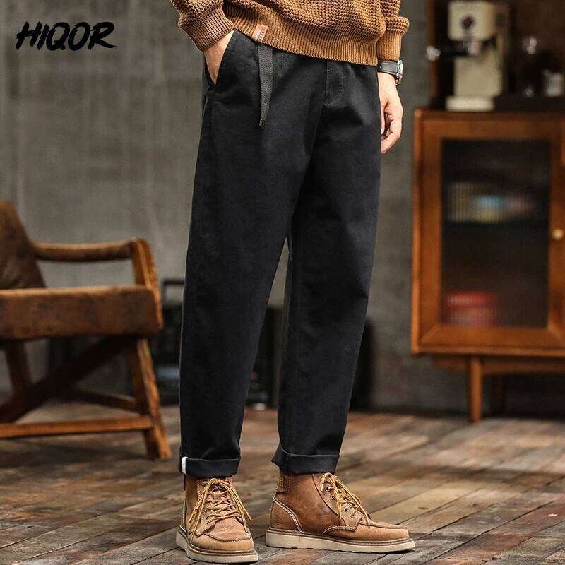 HIQOR High Quality Man Retro Cargo Pants Cotton Men's Casual Loose Fit Slimming Japanese Outdoor Workwear Khaki Long Trousers