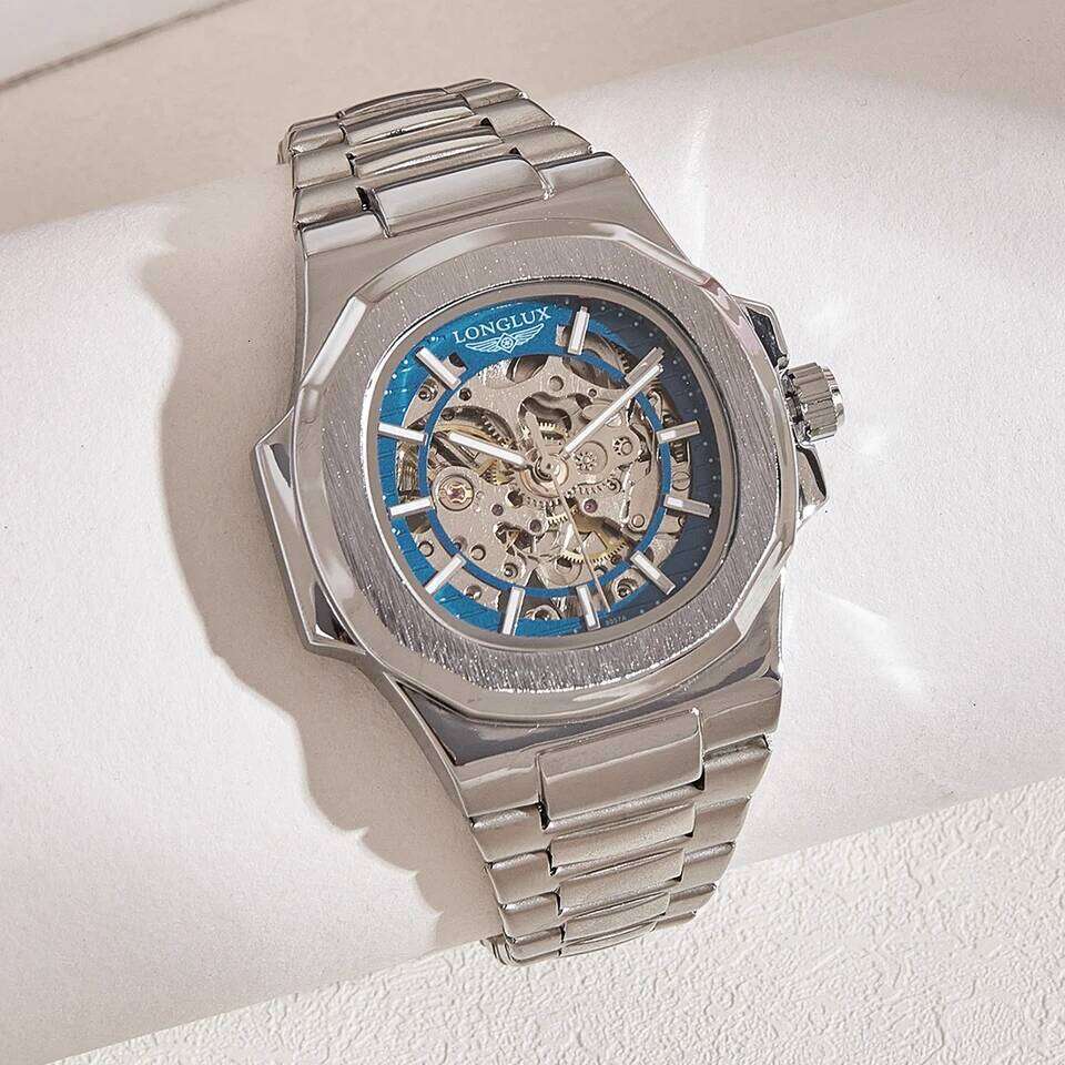 LONGLUX Men automatic mechanical luxury watches waterproof skeleton business cheap wholesale stainless steel gift watch