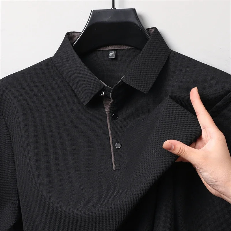 Mens Business Casual Long Sleeve Solid Color Polo Shirt Fashionable Warm Comfortable Four Seasons Versatile Top 260311