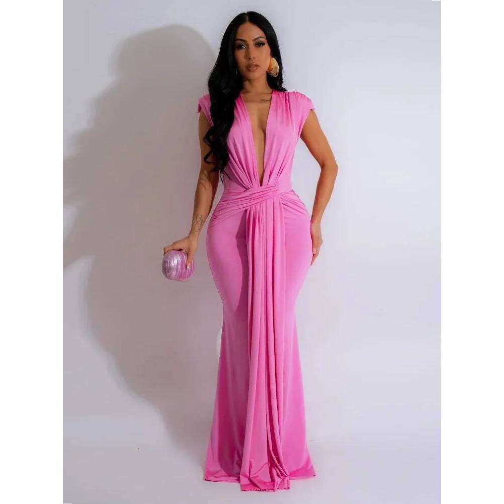 Elegant Ruched Bodycon Maxi Dresses for Women Birthday Night Party Evening Prom Deep V-neck Sheath Celebrity Formal Long Dress C260312