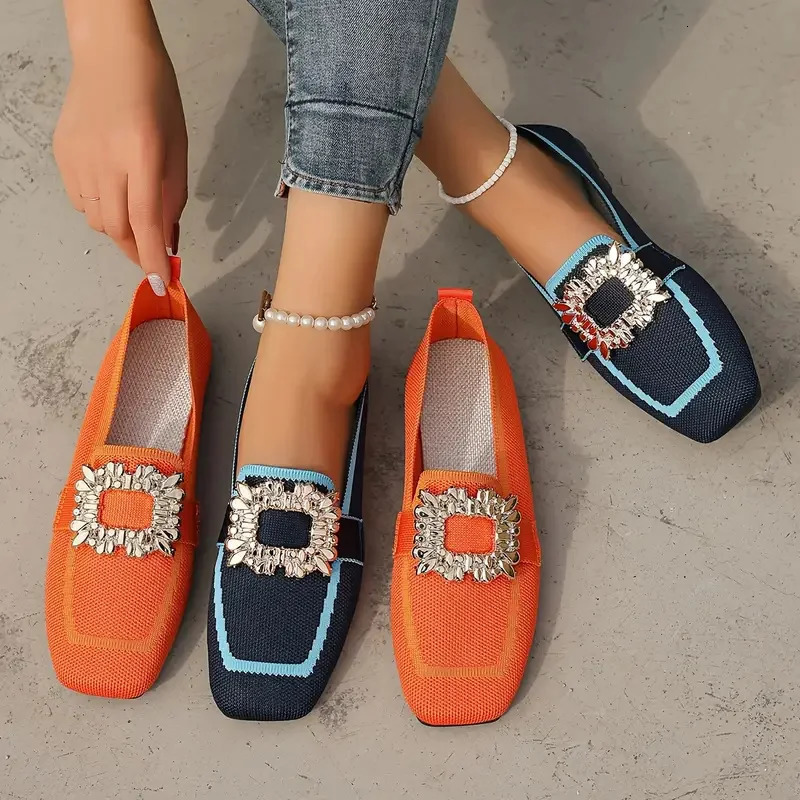 Women Flats Spring 2026 Large Size Flat Loafers Shoes Women Knitting Slip-on Square Head Breathable Fashion Shoes for Women 260227