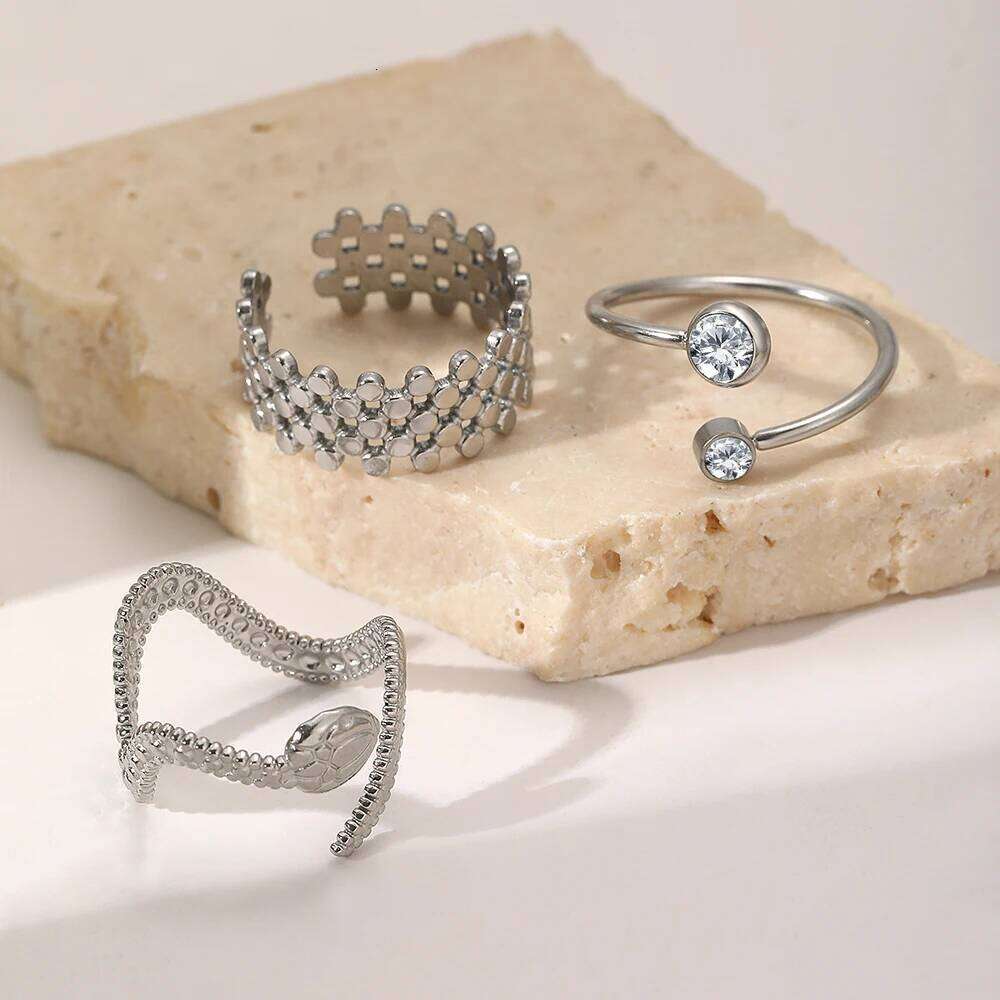 DGIDDK Stainless Steel Geometric Hollowing Design Open Snake Ring 3 Piece Set Women Simple Fashion Adjustable Finger Jewelr H260312