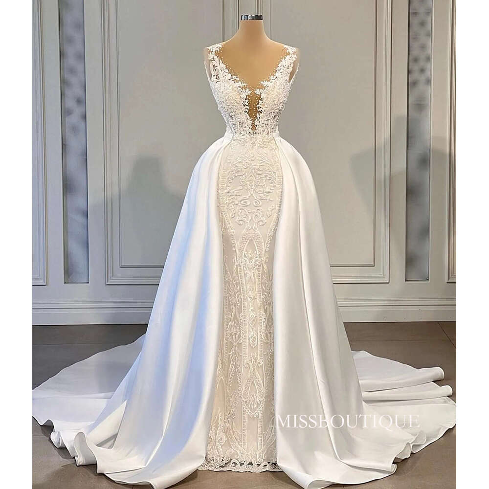 Stunning White Ivory Lace Mermaid Wedding Dresses With Detachable Satin Skirt Arabic 3D Appliques Sheer Neck Sleeveless Long Bridal Gowns Formal Bc148