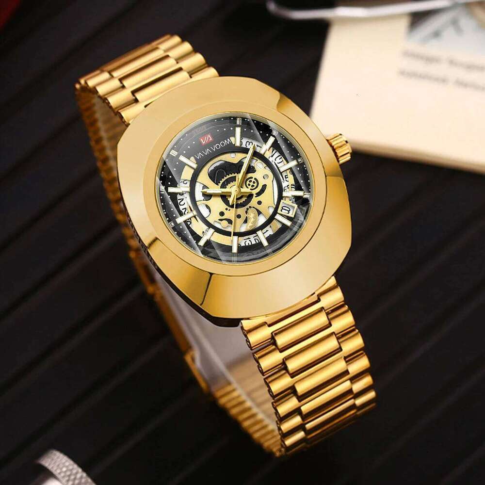 Quartz Fashion Oval Hollow Clock Original Top Business Style 3Bar Stainless Steel Strap Gold Luxury Gift Watch for Men