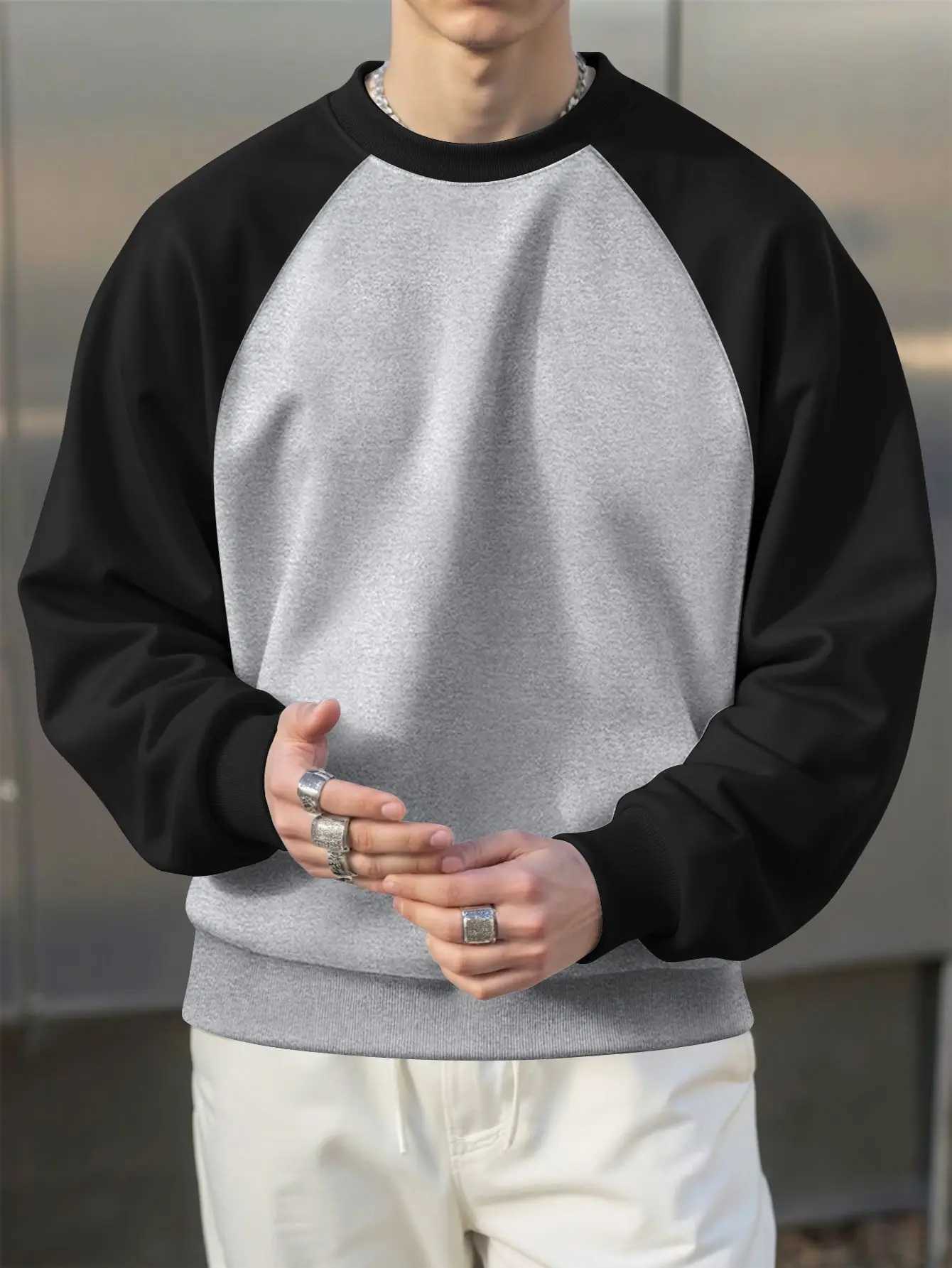 Round neck hoodie Mens spring and autumn casual sports running fitness solid color versatile fashionable and trendy top M260312