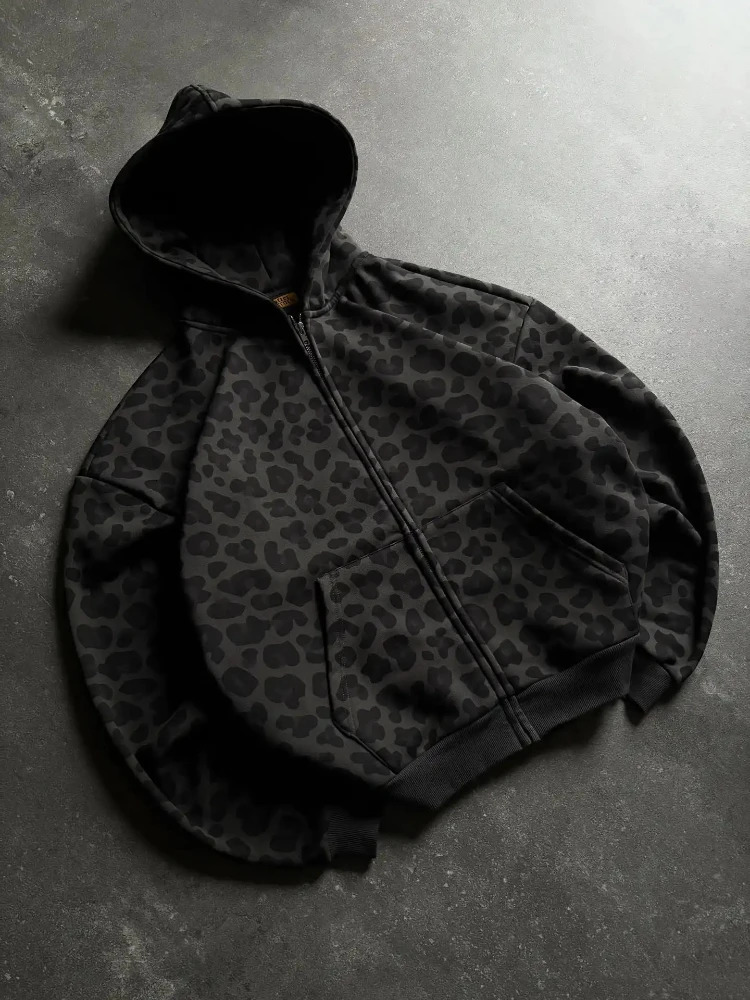 Y2K Zipper Hooded Sweatshirt for Autumn and Winter Retro Leopard Print Hooded Sweatshirt for Men and Women Loose Clothes 260311