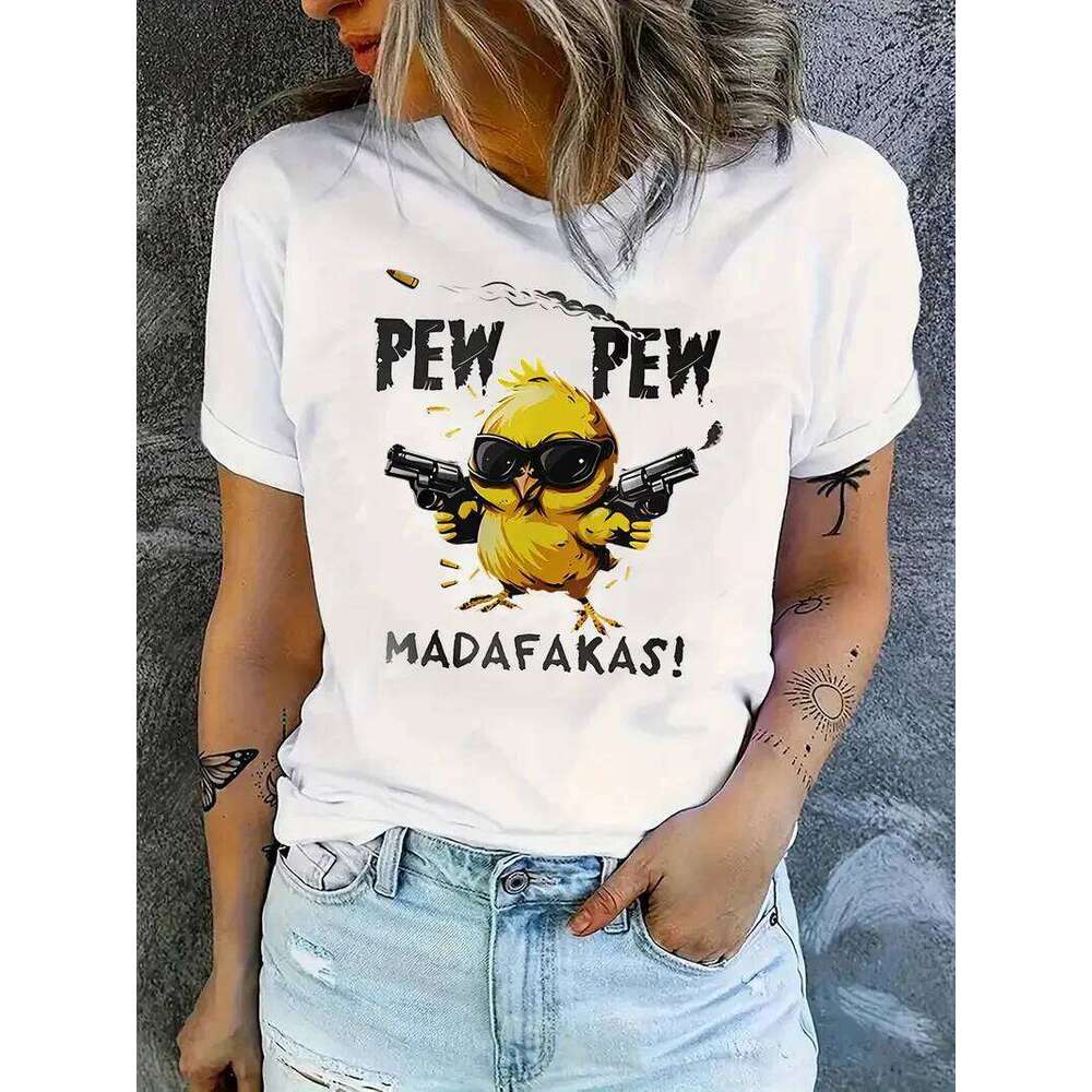Women's Casual Graphic T-Shirt with Playful Chick PEW MADAFAKAS Print Short Sleeve T Shirt Clothing Top Tee Z260312