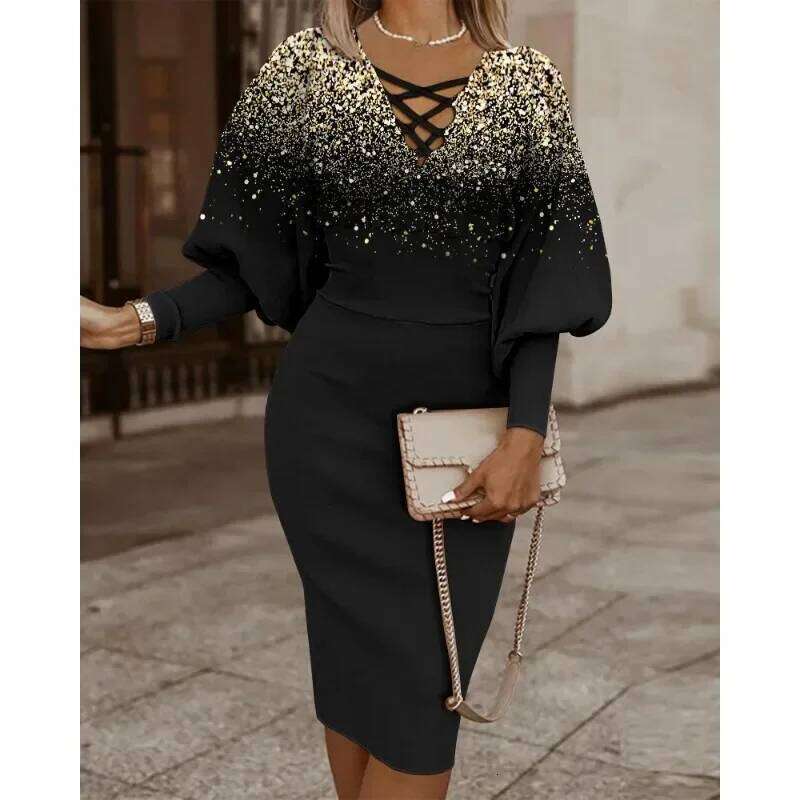 Women's Autumn S-XXL Long Sleeved Fashionable Printed V-Neck Band Waist Pack Hip Commuter Leisure Holiday Elegant Dress C260312