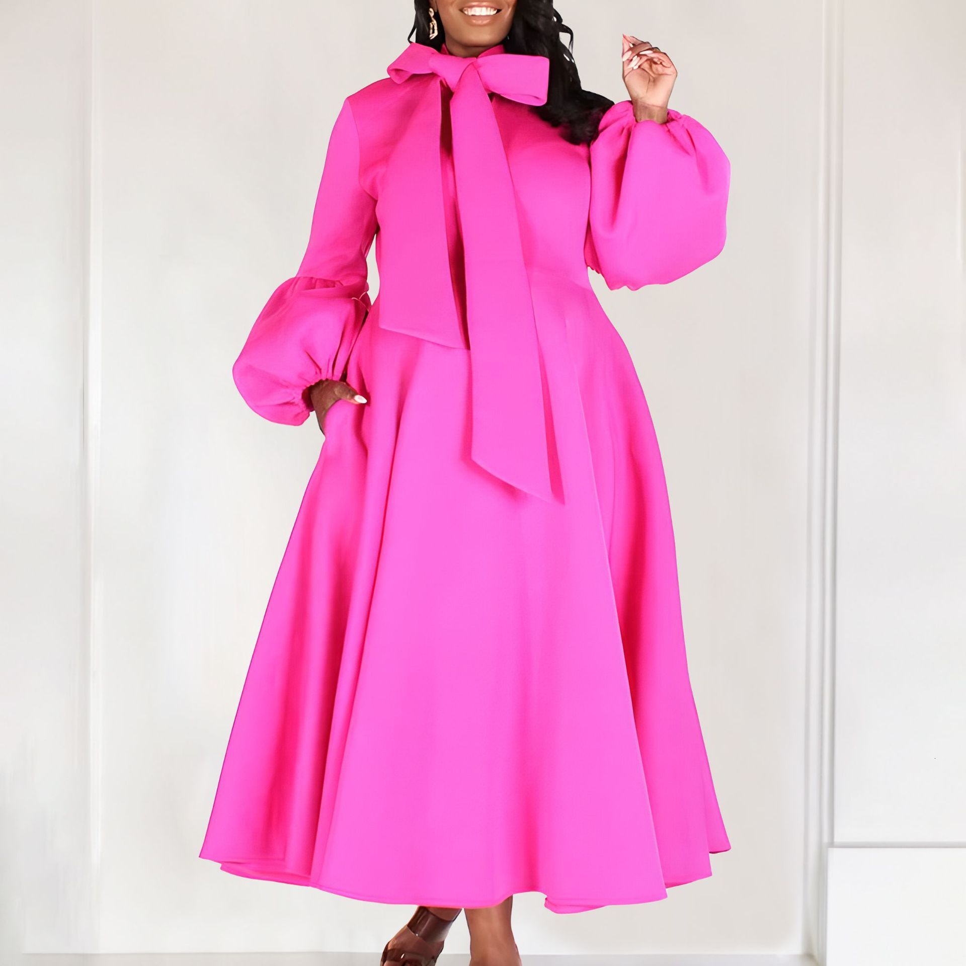 D427 Womens Fashion 2023 New Puff Sleeve Tie High Waist Dress