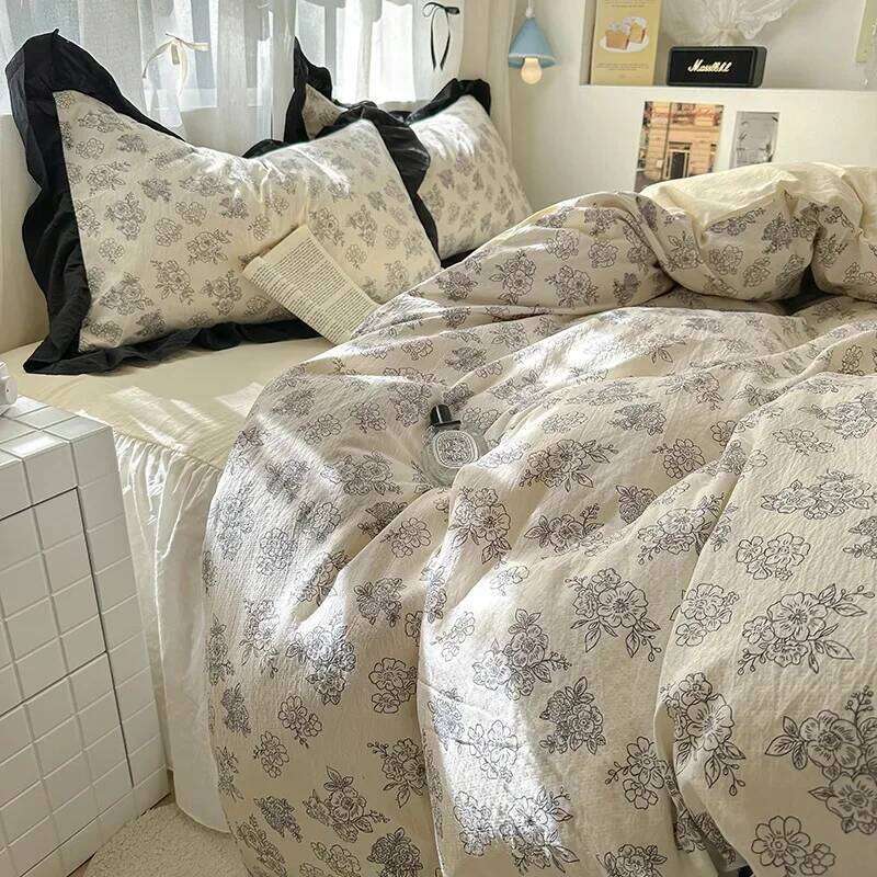 1.5/1.8 Korean Style 100% Cotton Fitted Sheet Sets with Lace Flower Print Bedding Set Seasons Home Bedclothes for Adult Kids H260312