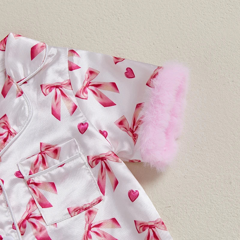 Baby Girl Satin Pajamas Romper born Bow Print Feather Cuffs Short Sleeve Lapel Button Down Silk Sleepwear Infant Loungewear 260311