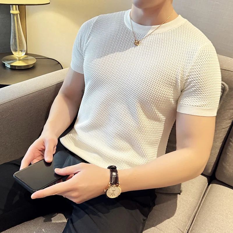 Summer Breathable T-Shirts For Men Korean Clothing O-Neck Short Sleeve Knitted Mens T Shirt Fashion Hollow TopsTees 3XL 260311
