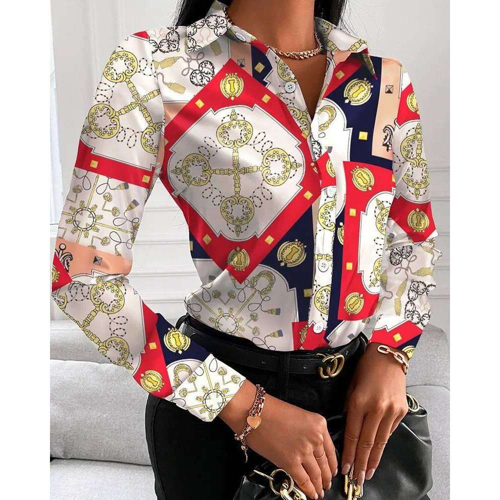 2026 New Women Fashion Wild Shirts Chain/Floral/Letter/Geometric Square Print Turn-Down Collar Long Sleeve Blouses