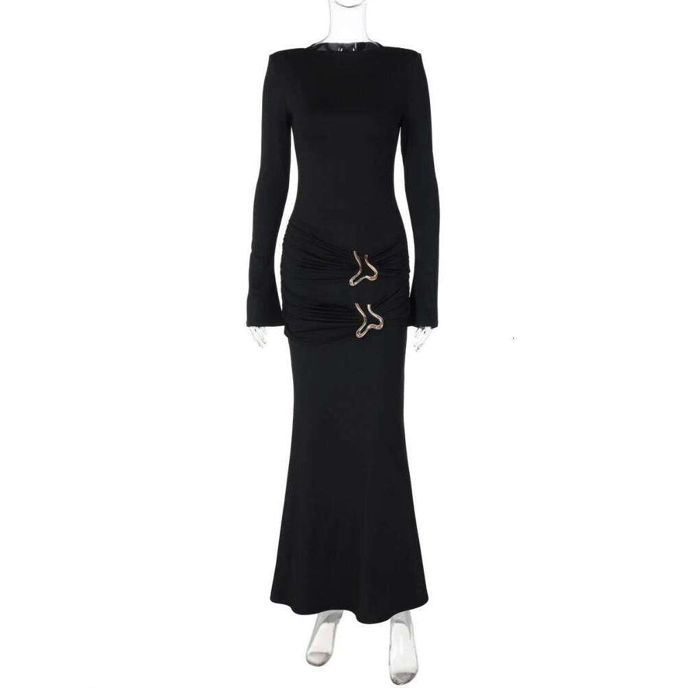 Leosoxs Elegant Vintage Dress Women Fall Flared Full Sleeve Metal Buckle Pleats Solid Casual Simple Trend Skinny Long Bodycon C260312