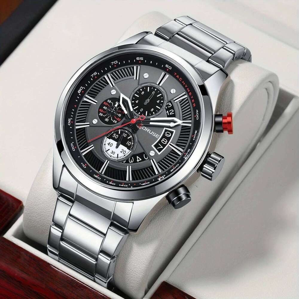 4pcs/set, BORUSE Luxury Watches & Cross Necklace Sets, Mens Stainless Steel Quartz Casual Date Watch for Men Wristwatch