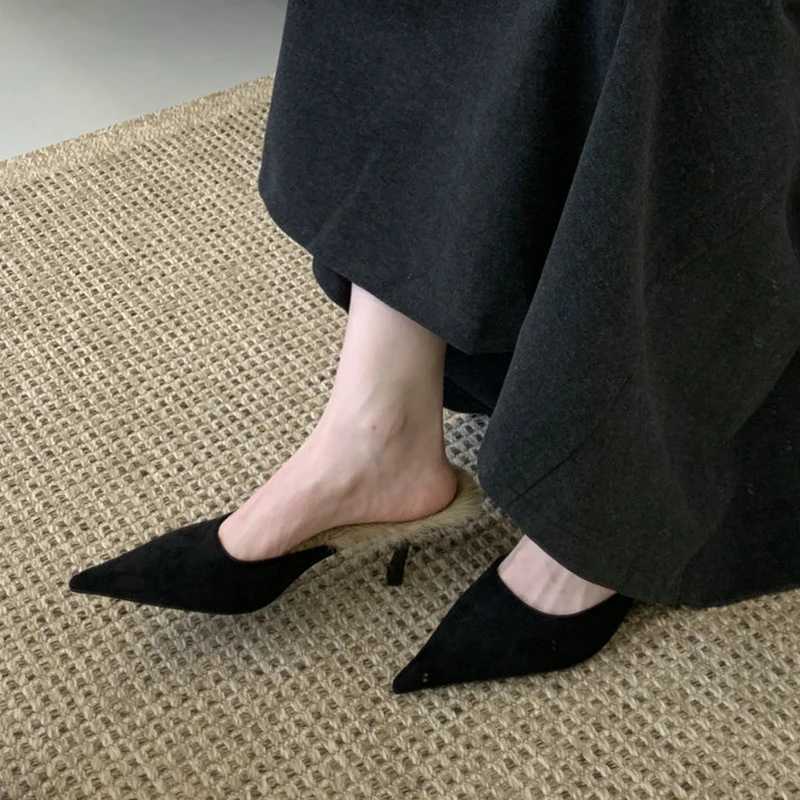SUOJIALUN 2025 Winter New Women Slipper Fashion Warm Plush Ladies Elegant Slip On Mules Thin High Heel Dress Pumps Shoes K260312