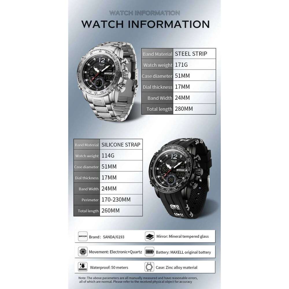 OFNS New 6193 Luxury Student Dual Display Sports multifunctional waterproof LED Men's Electronic Watch