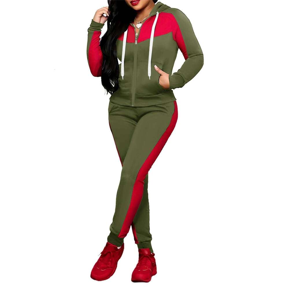 Two-piece Set Women's Colorblock Zip UpHoodie Pocket Pants, Casual Long SleeveHooded Sweatshirt & Jogger Pants for DailyWear, C260312