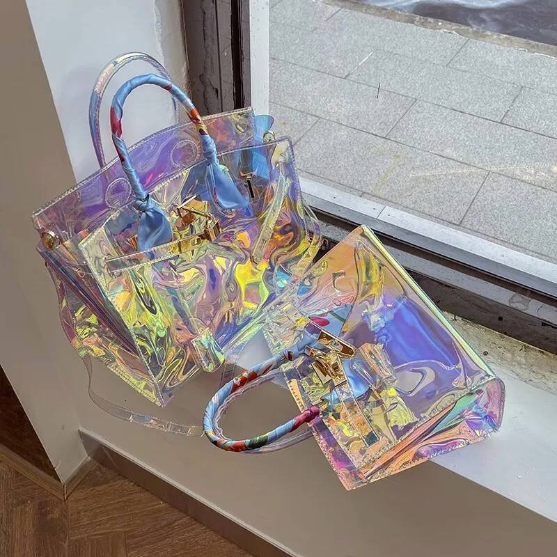 Laser Sympony Hologram Holographic Locker Sweet Handbags Cool Chic Colorful Shoulder Bags Valentine's Day Gift Golden Metal part