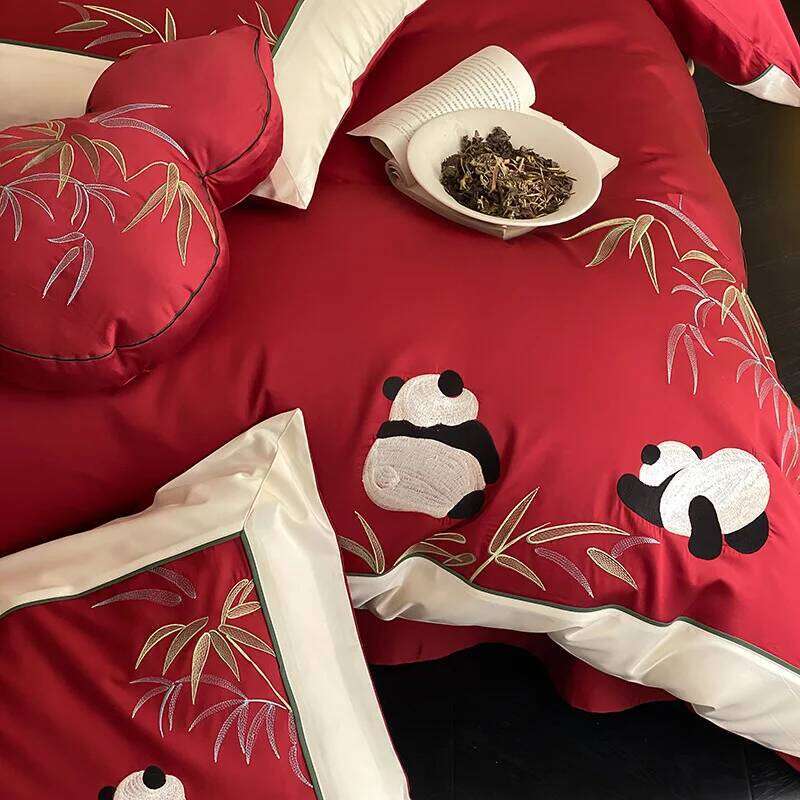 New Chinese embroidered panda 100S long-staple four-piece cotton quilt cover bed sheet bedding H260312
