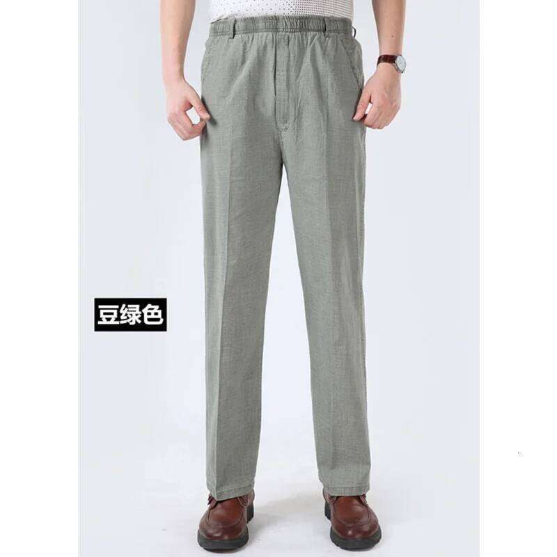 Mens Cotton Linen Long Summer Elastic Trousers Solid Breathable High Waist Loose Leisure Resort Thin Straight Pants