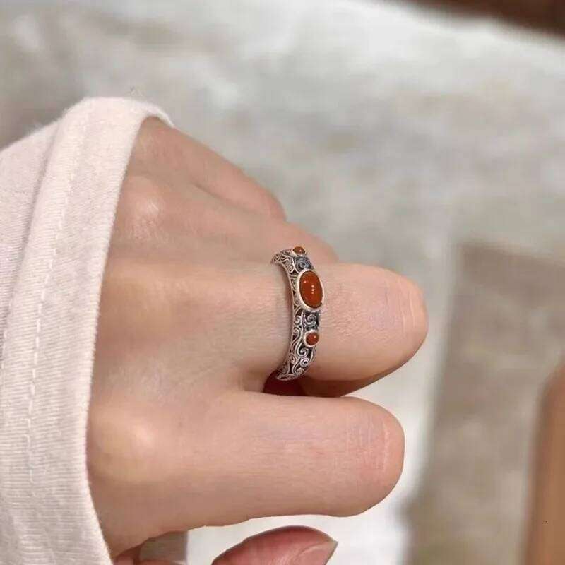 Vintage Ethnic Creative Hollow Imitation Red Agate Adjustable Ring for Women Exquisite Personalized Party Jewelry Accessories H260312