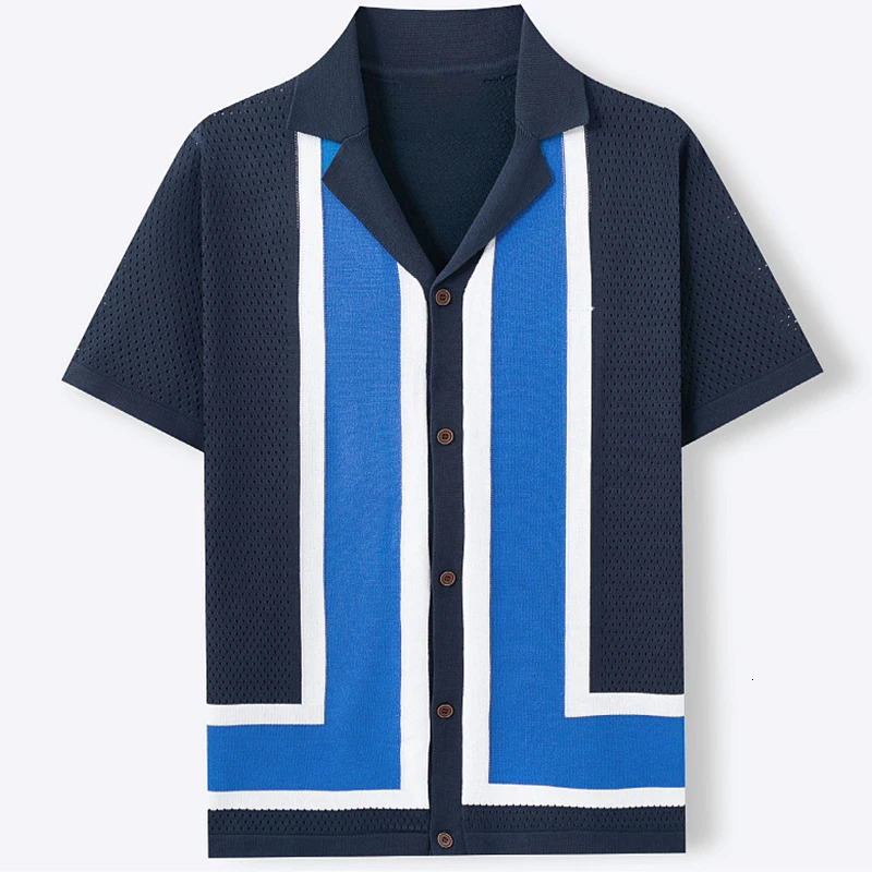 Summer Men Hollowed-out Knitted Polo Shirt Short Sleeve Patchwork Cuban Collar Trendy Cardigan Hawaiian Beach Holiday Knitwear 260311