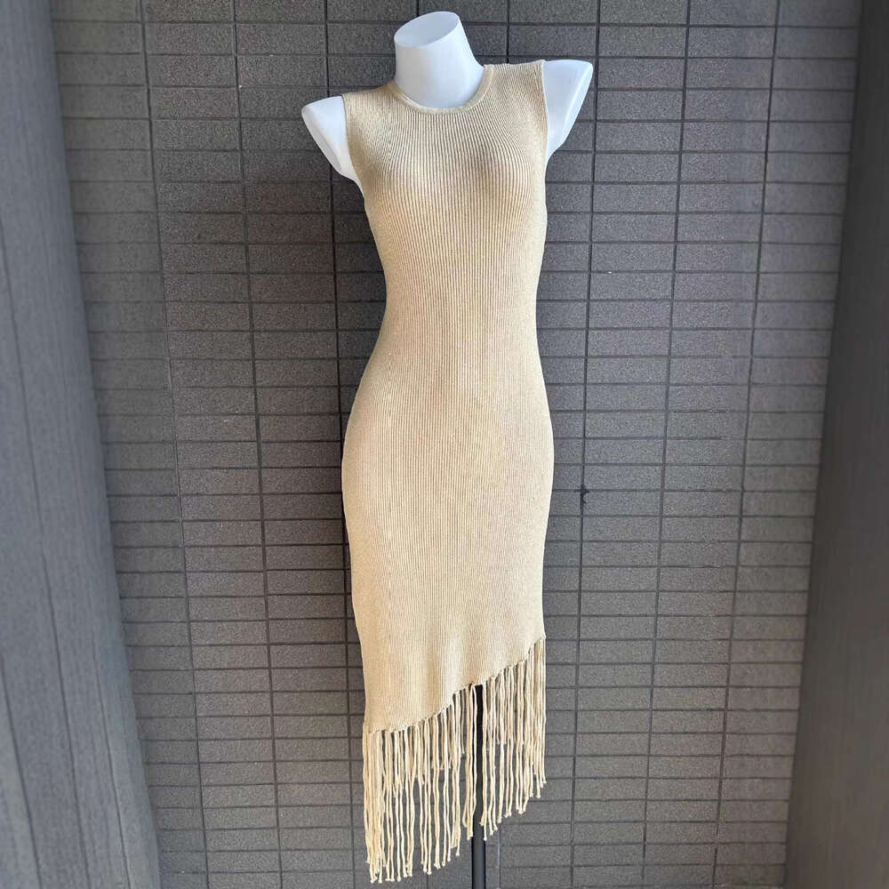 a24 2026 Spring and Summer New Fashionable, Elegant, Simple, Gold Thread Tassel Waist, Slimming, Sexy Knitted Tank Top Dress