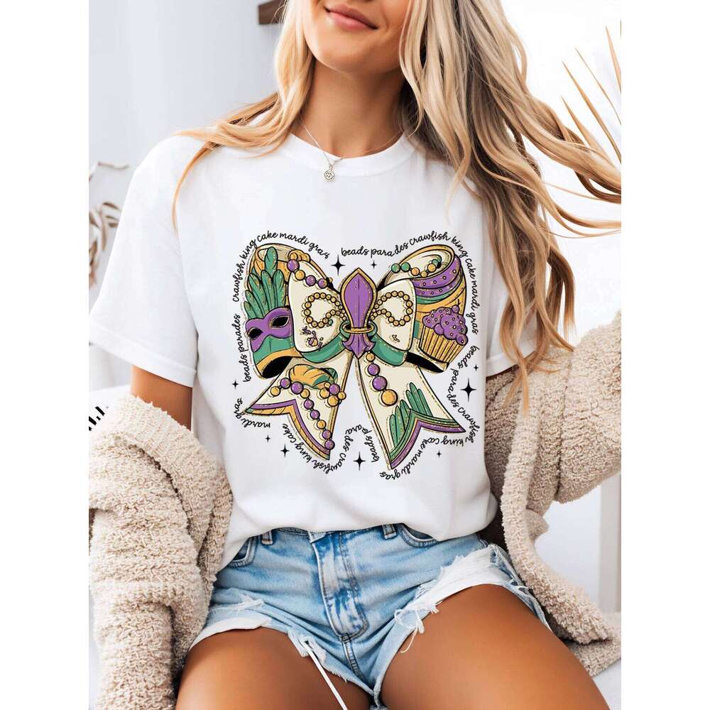Mardi Gras Mask and Beads Print t Shirt Carnival Festival Women Casual Top Party Outfit White Plus-Size Z260312